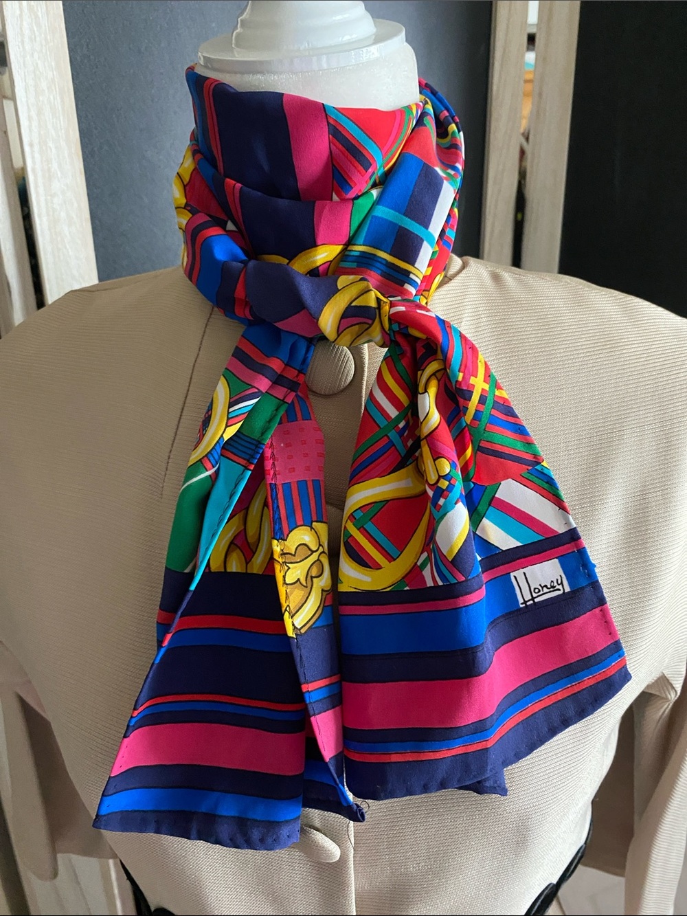 Honey Vintage Multicolor Silk Scarf - Bright Striped & Chain Print
